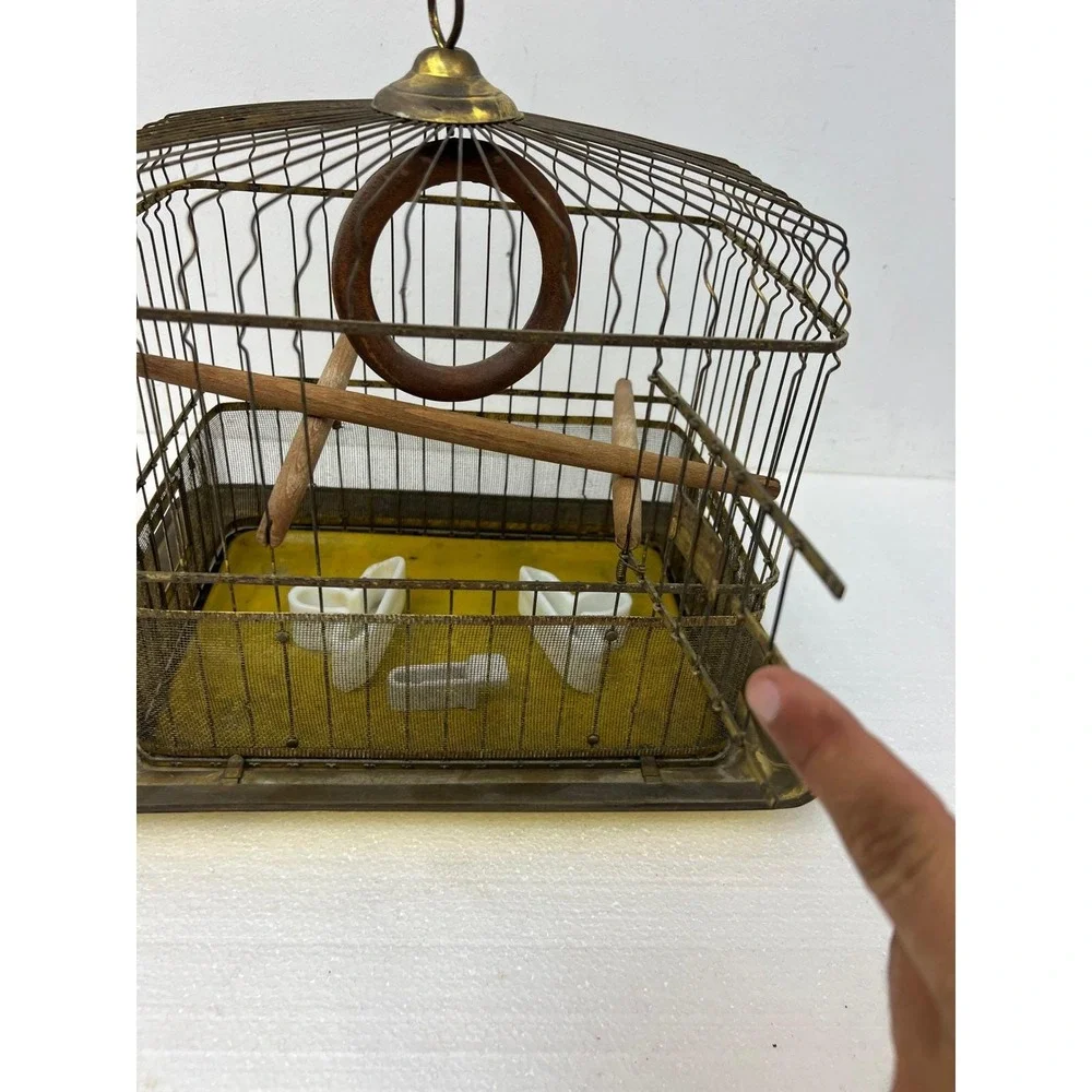Hendryx Antique Brass Bird Cage Vintage Wire Pet w Porcelain Feeders Perch Gold